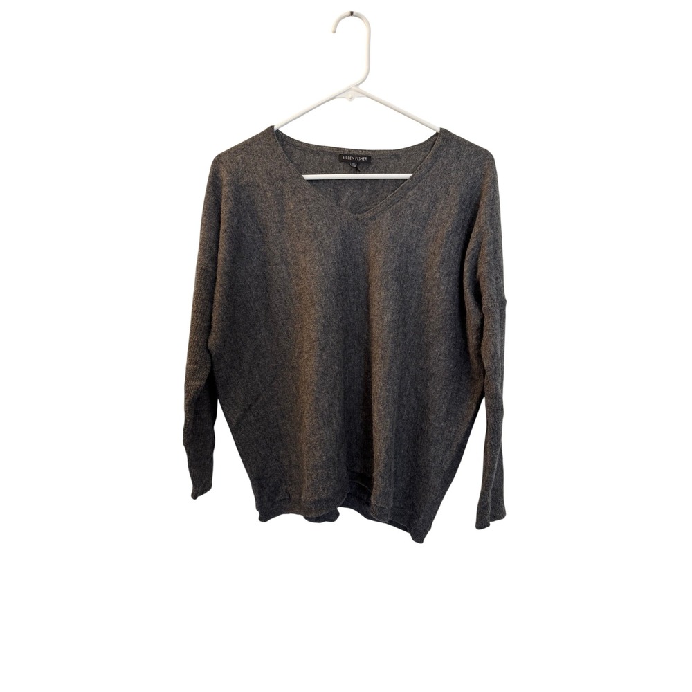 Eileen Fisher 100% Royal Alpaca V-Neck Boxy Sweater Charcoal Grey Large